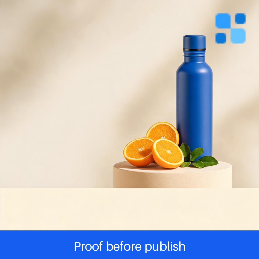 Rejected first candidate: cobalt-blue bottle and oranges pushed close to the right edge.