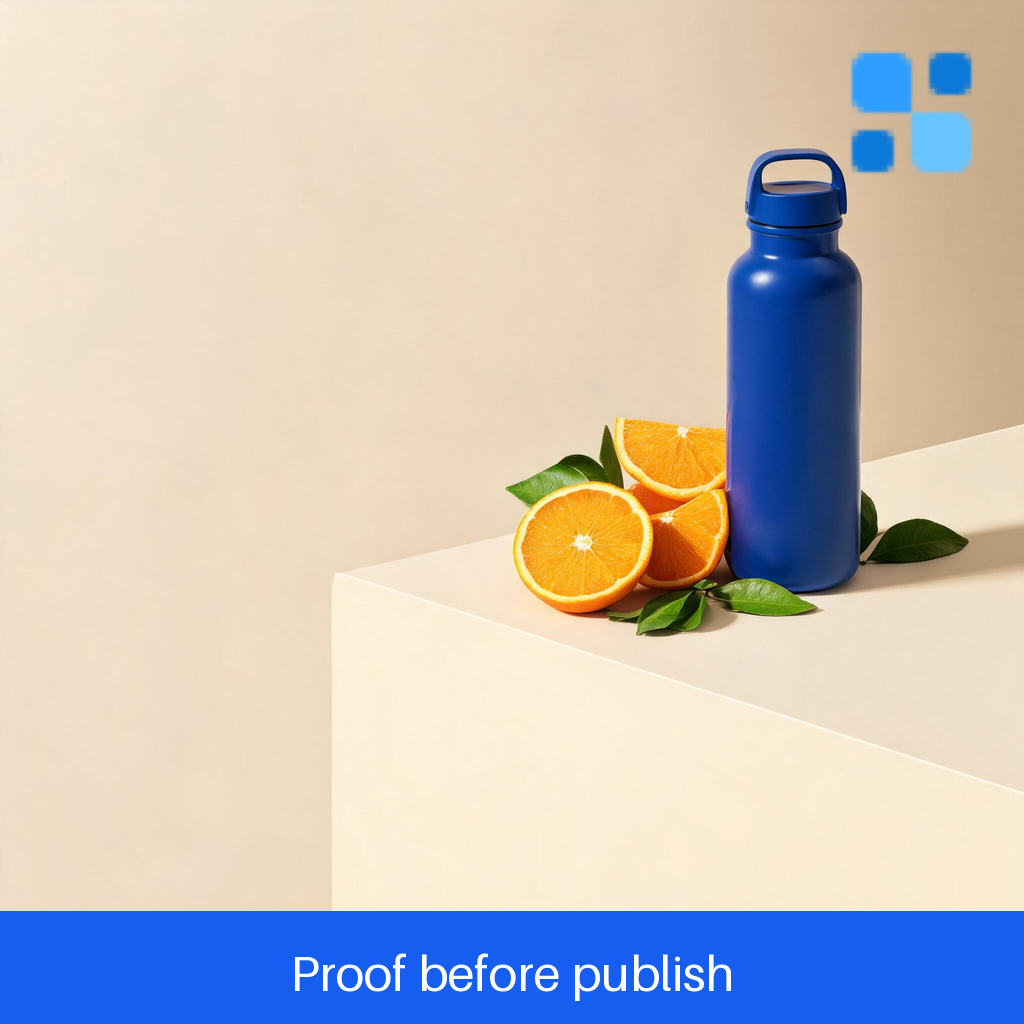 Approved second candidate: cobalt-blue bottle and oranges with improved visual balance and safe edge clearance.